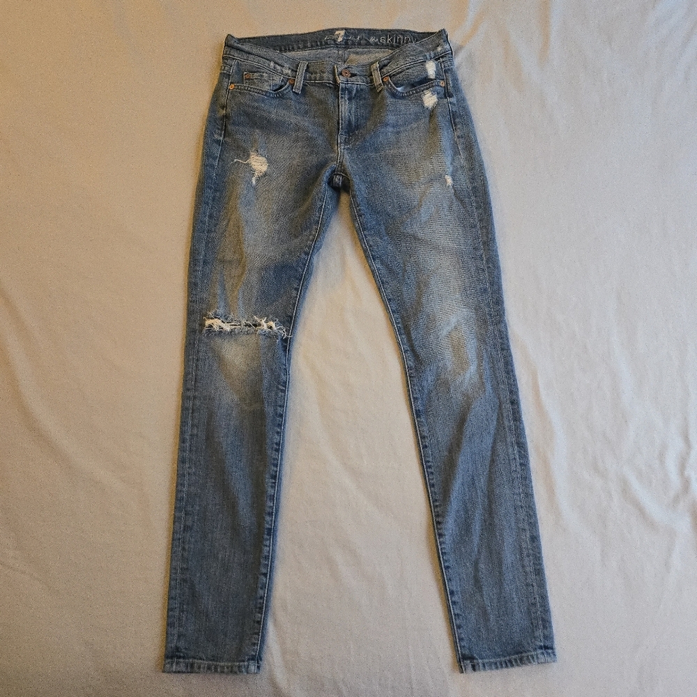 7 For All Mankind The Skinny Low Rise Light Blue Distressed Skinny Jeans 90s Y2K